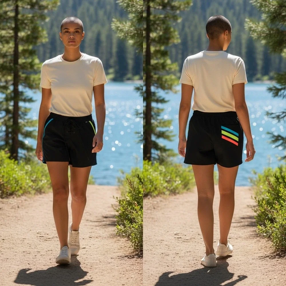 TomboyX Black Neon Stripe Lace Up‎ Board Shorts XS Swim Trunks